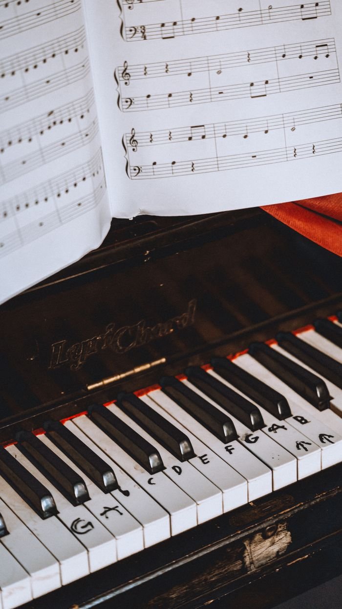 Detailed image of a piano keyboard with sheet music, ideal for music-themed designs.